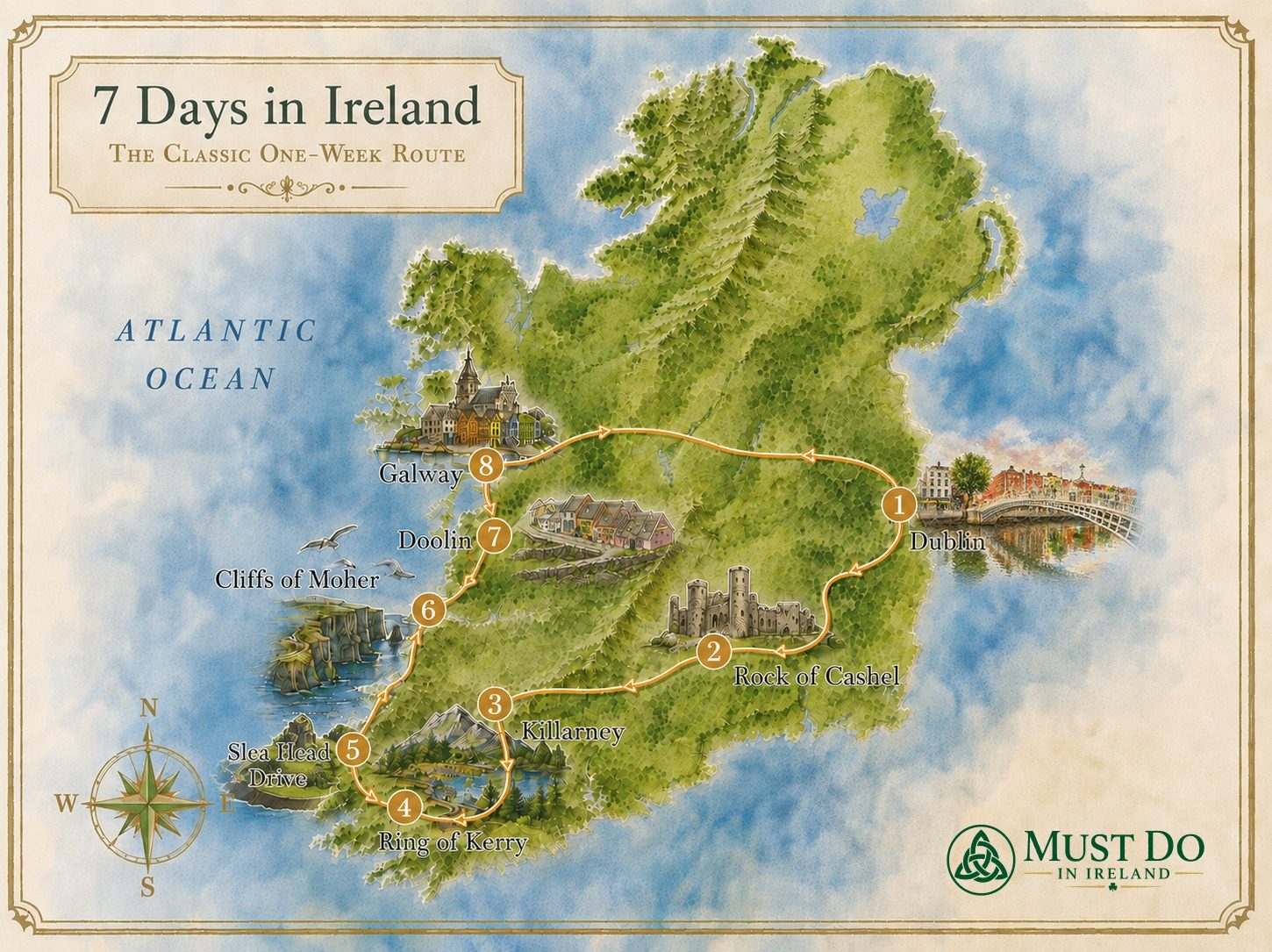 Map of the 7 days in Ireland route: Dublin, Killarney, the Ring of Kerry, Dingle, the Cliffs of Moher, Doolin and Galway
