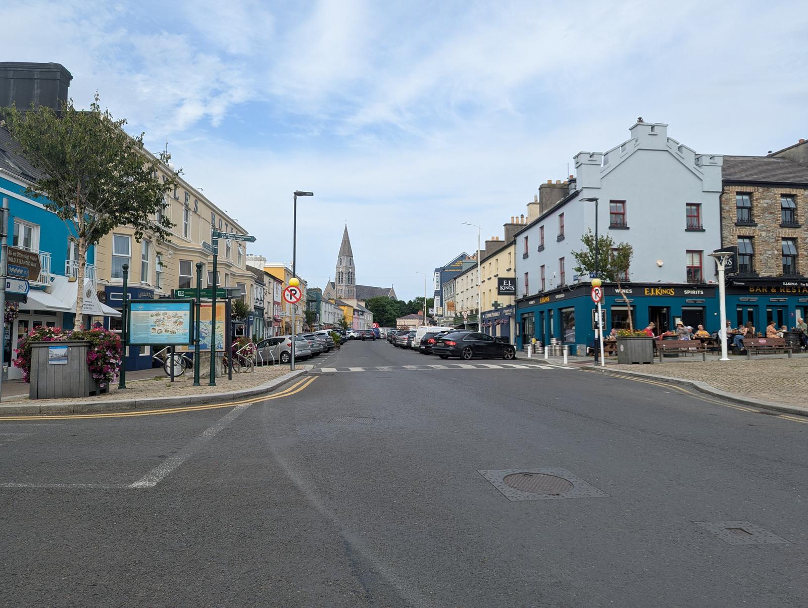 Clifden town centre, the main street and church spire, the starting point of the drive